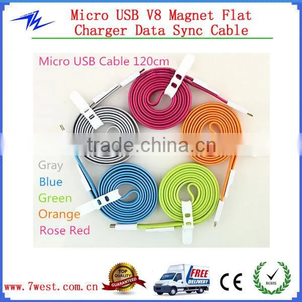 Newest Colorful Noodle Flat Magnet Micro USB Cable Charger Data Sync Cable for iPhone4/iPhone 5/Andriod smartphone