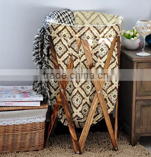 High quality round home foldable laundry storage basket with wood