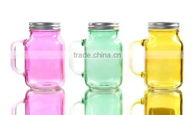22oz Colored Glass Mason Jar With Handle & Lid