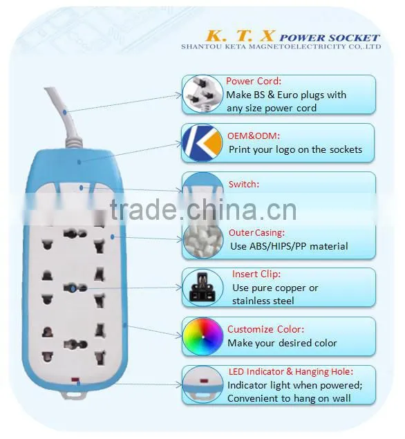 6 Outlets Horizontal Universal Power Extension Socket With 3M Cable