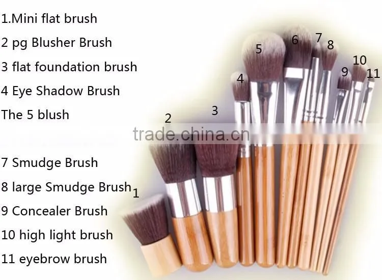 Hot sale high quality 11 pcs bamboo makeup brush set including kabuki makeup brushes