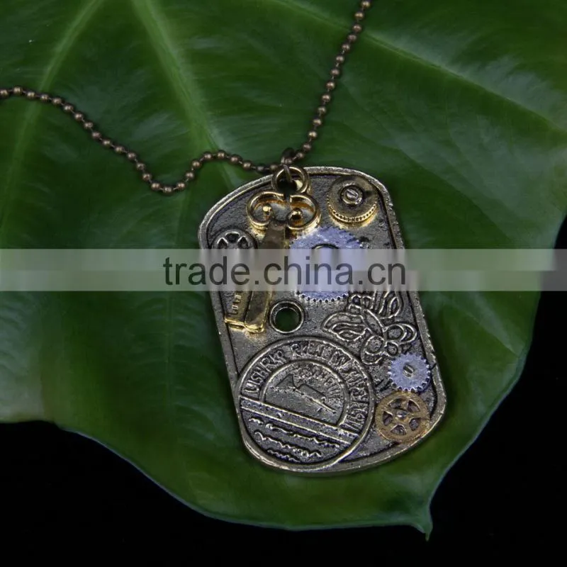 2015 yiwu fashion imitation jewelry steampunk necklace dog tag gear steam key butterfly pendant cameo statement necklace