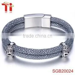 bio magnetic bracelet unisex genuine grey stingray cord leather bracelet bangle stainless steel charm jewelry 2017 for men women