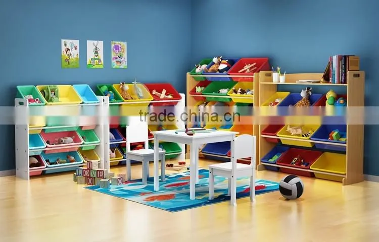 wooden storage boxes with kids book rack