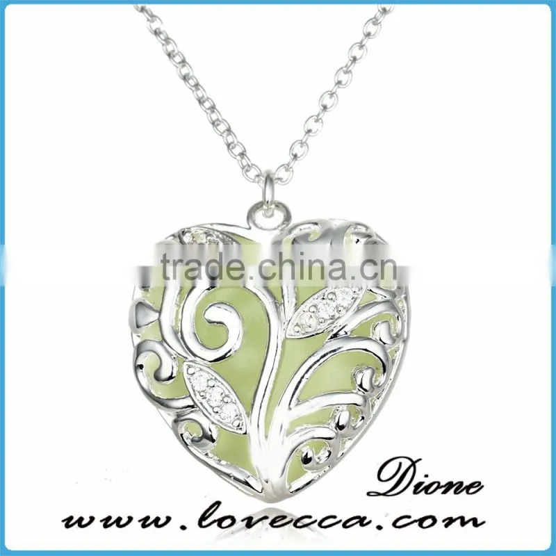 Heart necklace Magical Aqua Blue Tree Heart Glow In Dark Luminous Pendant Necklace