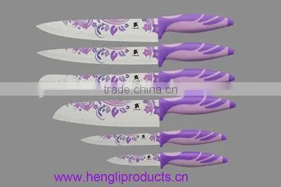 color non-stick coated blade kitchen knife set with acylic stand