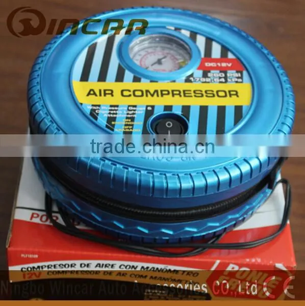 round 12V 260PSI mini air compressor with pressure gauge