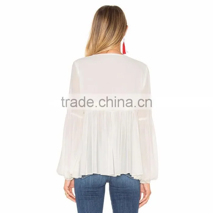Long Sleeve Casual White Blouse For Middle Aged Women
