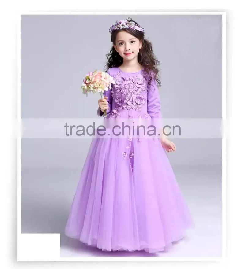 High quality Violet Elegant girls Princess Long sleeveless Wedding dresses Ball Gown dress Appliques Purple Tulle party dresses