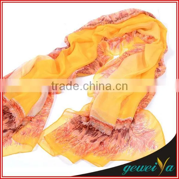Yellow Tree Flower Digital Printed Chiffon Plain Scarf