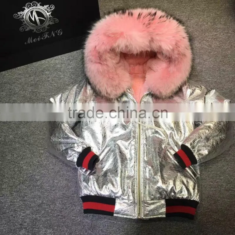 2017 Winter Fashion Sliver Leather Jacket With Pink Faux Fur Lined Leather Wear