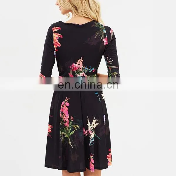 Oem women dresses 3/4 sleevefloral print girls autumn dress names with pictures