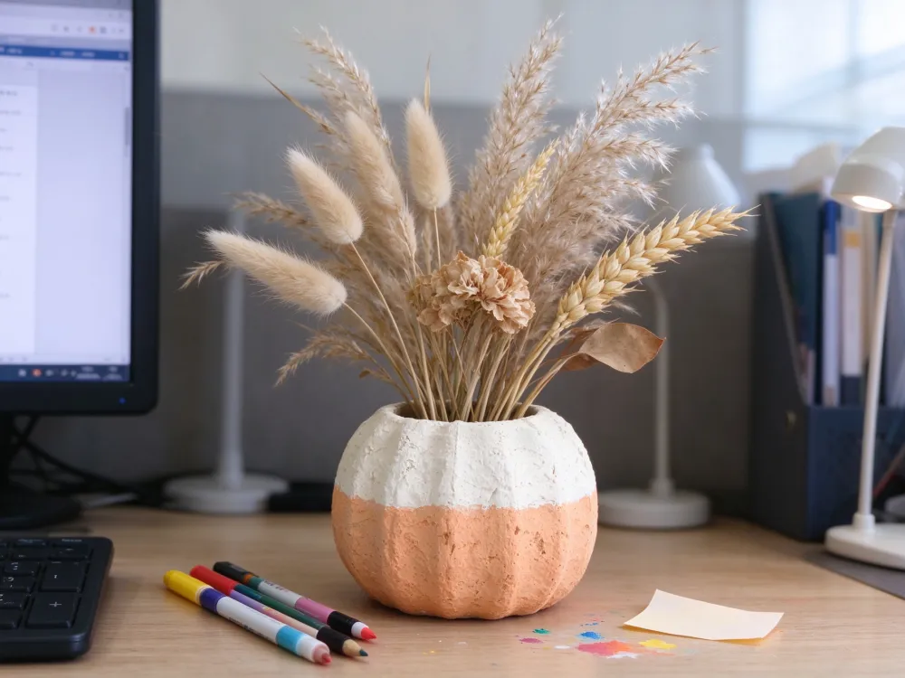 paintable-pulp-planter-orange-white-pumpkin-dried-grass-desk