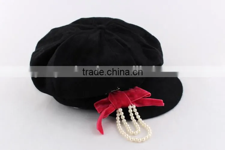 2015 New style original baby girls peaked baseball beret cap with bownot and pearls