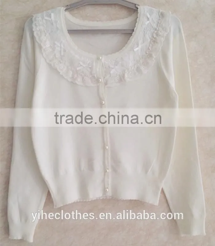 Pure color long sleeve teenager knitting wear white lace falbala neckline sweater cardigan