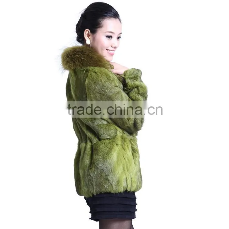 QD5728 Hot Selling Colorful Rabbit fur Coat With Raccoon Collar For Wholesale