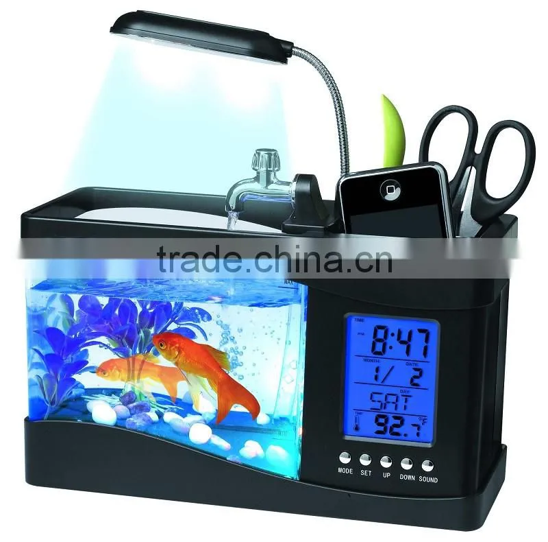 Hot selling usb mini desktop aquarium with clock and pen holder
