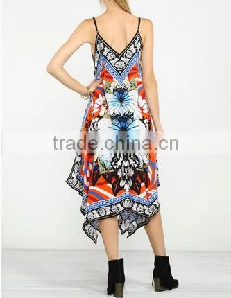 Glamorous boho design spaghetti strap dropped armhole long umbrella dres tropic printeds