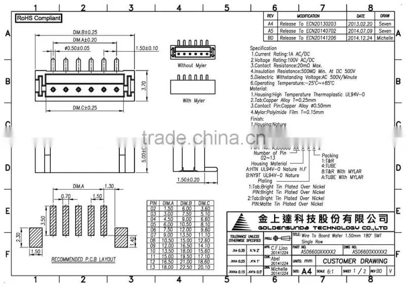1.5mm Pitch 2 ~ 13 Pin Available Electronic Wire to Board male pin Connector