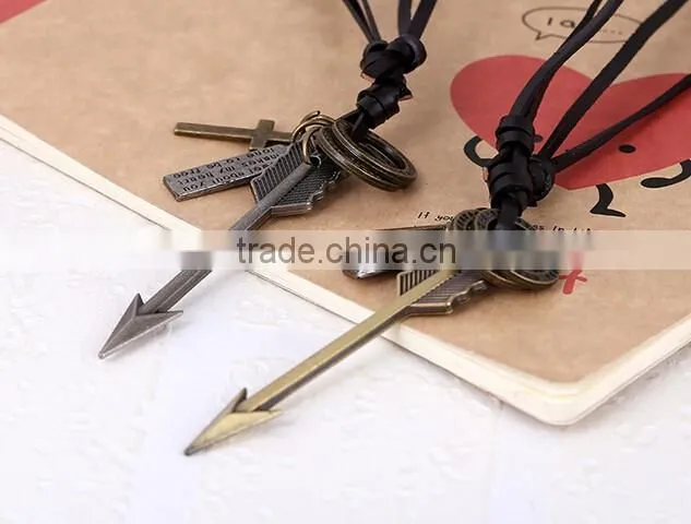 long men Vintage Alloy arrow Pendant Leather Cowhide Lanyard Necklace