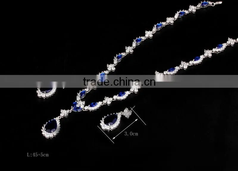 Top Design CZ Jewelry Blue Sapphire Necklace Sets 2015 Wholesale Wedding Bride Jewelry