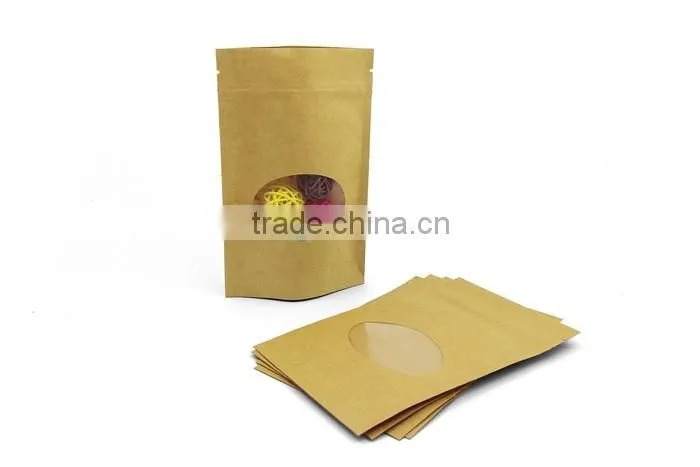 2016 HOT SELL food grade customized brown kraft food packaging paper stand up pouch bags with window and zipper
