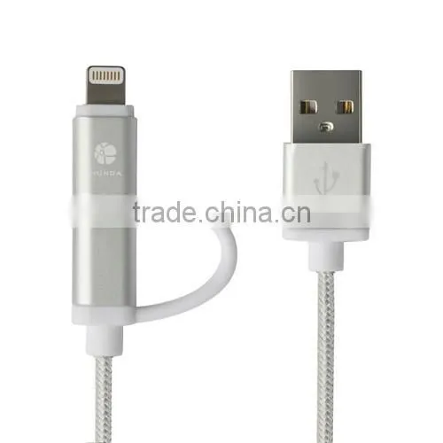 High quality genuine MFi Cell Phone fast usb cable 2 in 1 universal