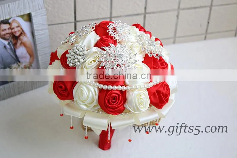 2016 new design Wedding Bouquet, Silver and Ivory Brooch Bouquet, red and white satin rose wedding bouquet