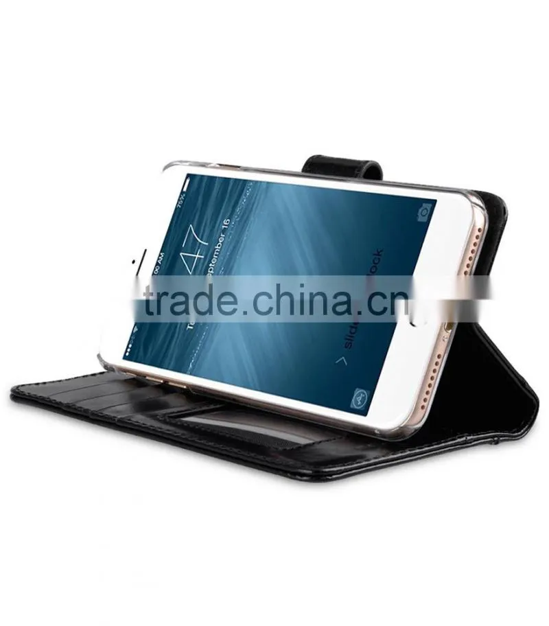 Newly Wallet Strap Black Wax Leather Case for Apple iPhone 7 Plus (5.5")