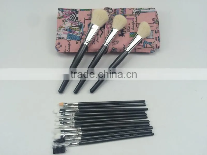 14pcs white goat hair black wooden handle in pink abstractive design PU bag Cosmetic Brush Set new arrival
