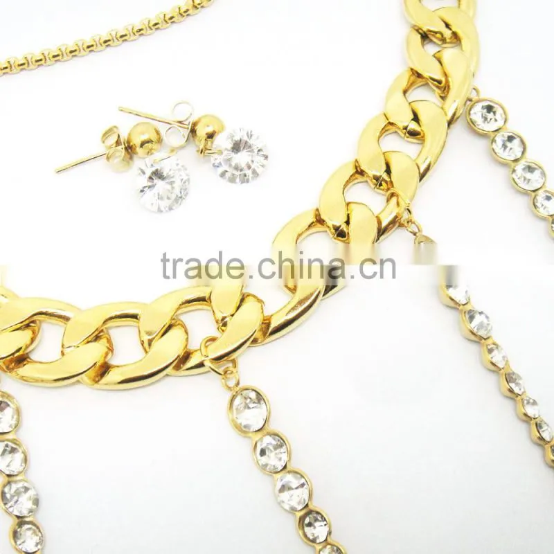 Attractive Women Gold Chain with Long Rhinestone Tassel Necklace