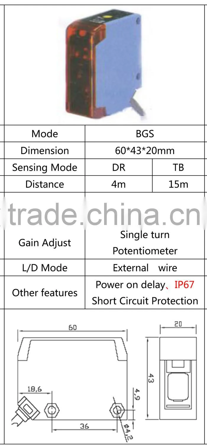 MR-BJS Square Diffuse-reflective /Retro-reflective /Thru-beam Photoelectric Sensor / Transducer / Photoelectric Sensor