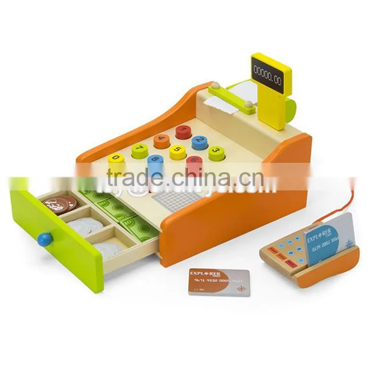 New products pretend play educational toys supermarket wooden kids cash register with cashier W10A064