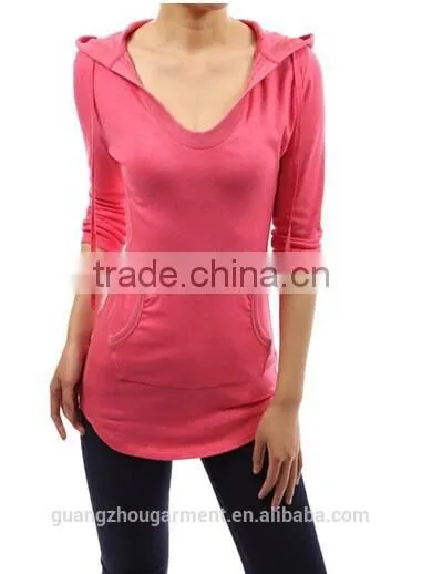 cotton hoodie ribbed sides pocket curve hem tunic casual top Adult age plain crop tops,long sleeve top,online clothing store