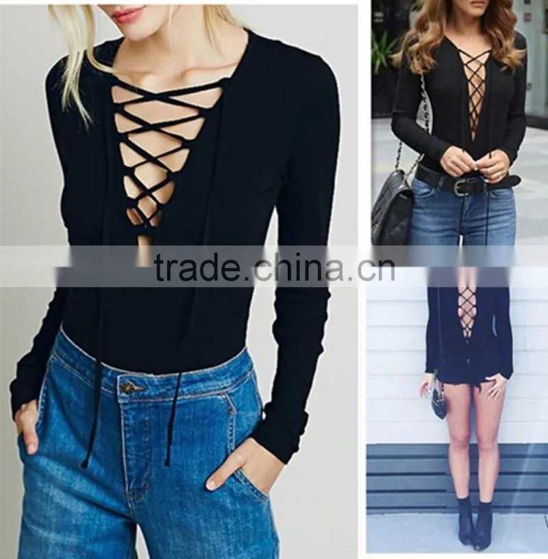 Sexy Lace-Up Women Plunge Suede Longsleeve Tie Front Bodysuit Leotard Blouse Top