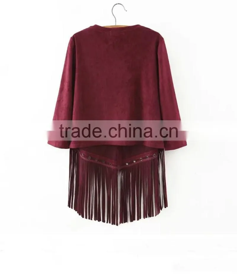 Trendy Faux Suede Retro Fringed Tassels Blouse Perforate Hem Shirt T-Shirt