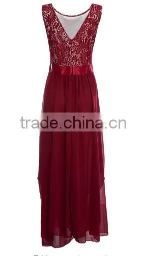 2016 Vintage Black Red Lady Elegant Sleeveless Summer Lace Patchwork Party Club Dress Round Neck Long Dress Party Dress