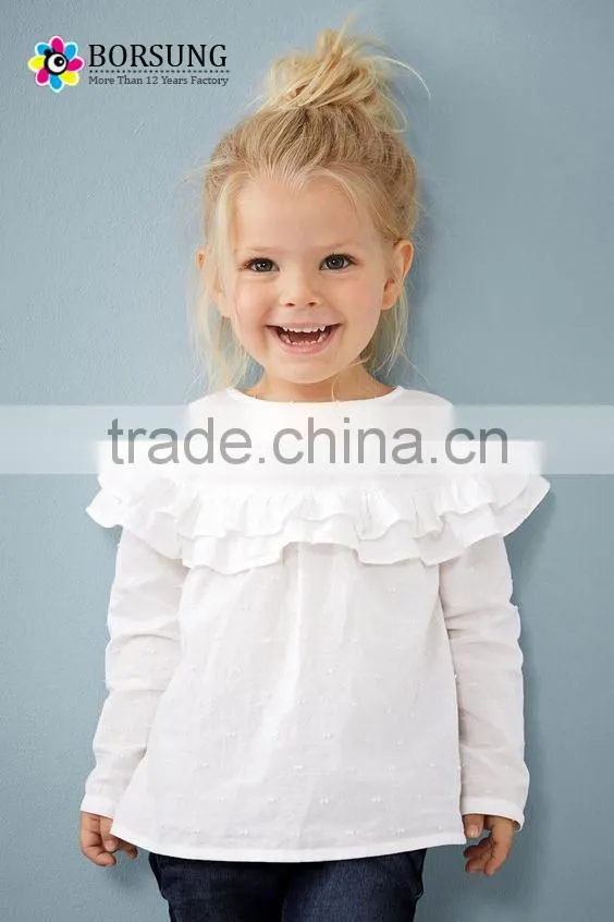 Latest tops designs girls long sleeve Plain White ruffle blouse children's boutique clothing