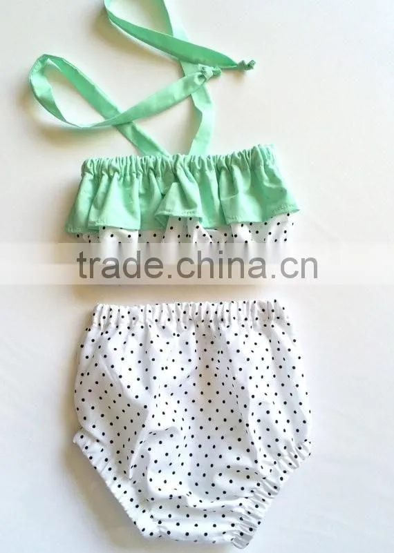 European kids hot swimwear girls aqua blue bandeau bubble shorts vintage headwrap 3 piece