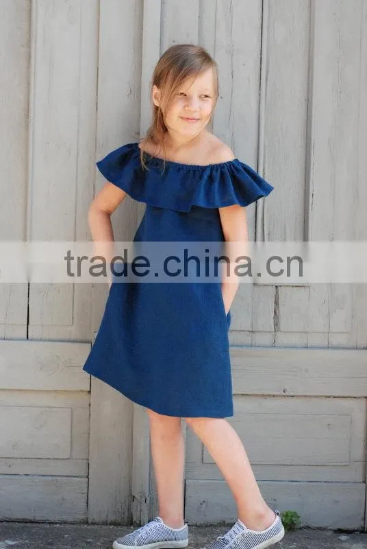Wholesale Kid Clothing Elegant Summer Girls dress Off shoulder Ruffle Dusty Pink Linen Girl Child Dress