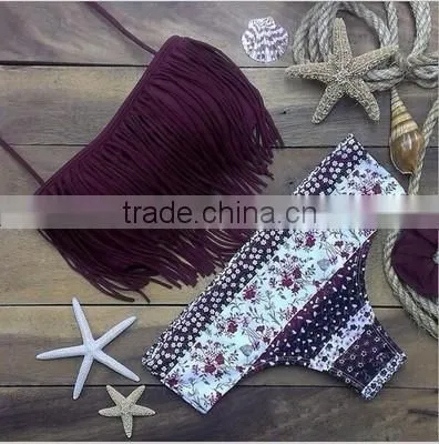 Explosion models tassel print bikini swimwear triangle split swimwear female