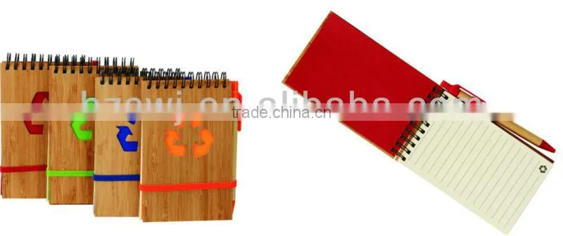Wooden cover spiral notebook 70grams 70sheets 9*14cm with elasticity with recycle paper pen