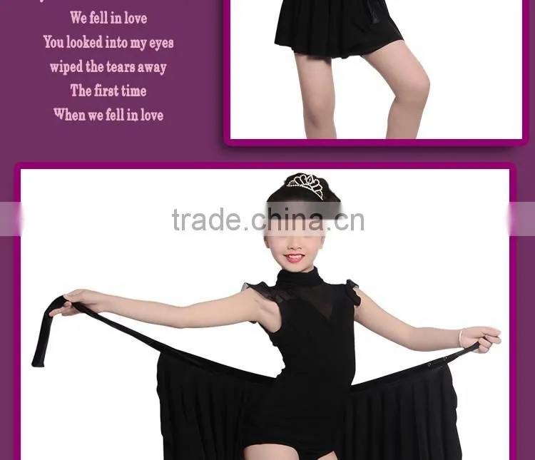 Girl Child Elegant Black Dance Skirt Suit Kids Mesh High Neck Sleeveless Latin Dance Leotard