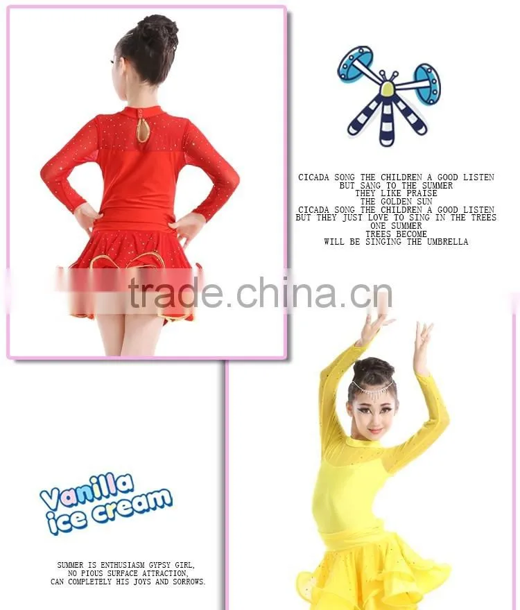 2016 New Fashion Girls High Neck Long Sleeve Performance Dress Child Kids Rhinstone Sequin Mesh Sexy Latin Dance Dress