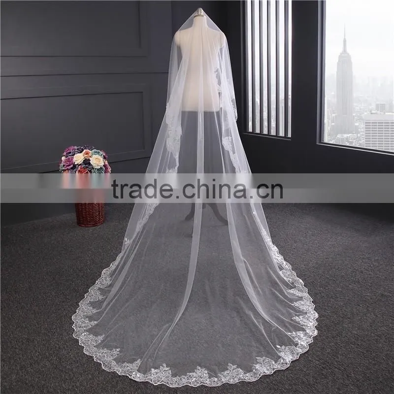 2017 wholesale new grance long lace bridal wedding veil Fashionable long Tulle HL23