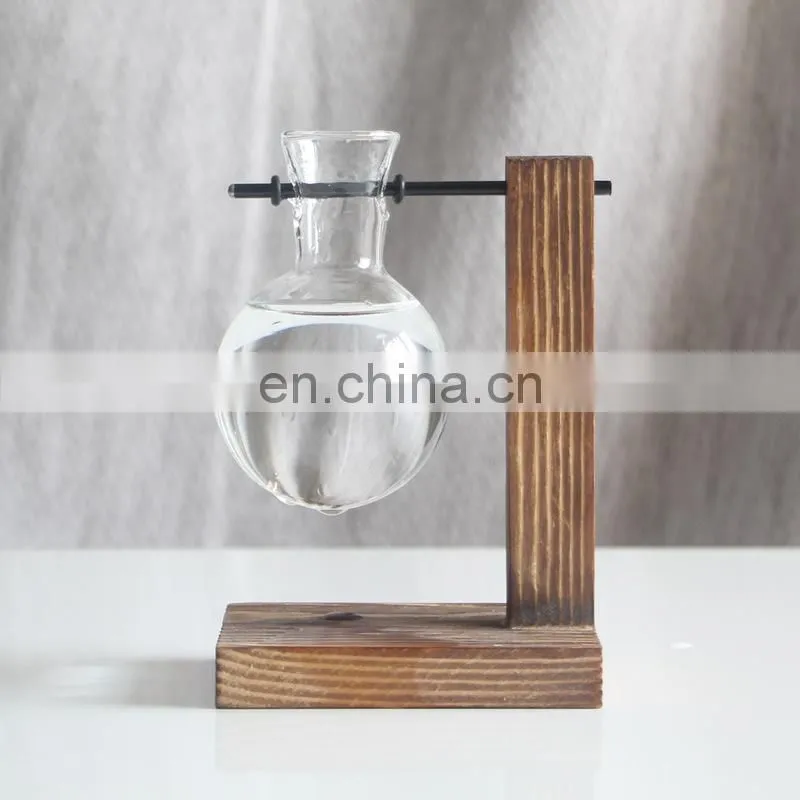 Terrarium Hydroponic Plant Vases Vintage Flower Pot Transparent Vase Wooden Frame Glass Tabletop Plants Home Bonsai Decor