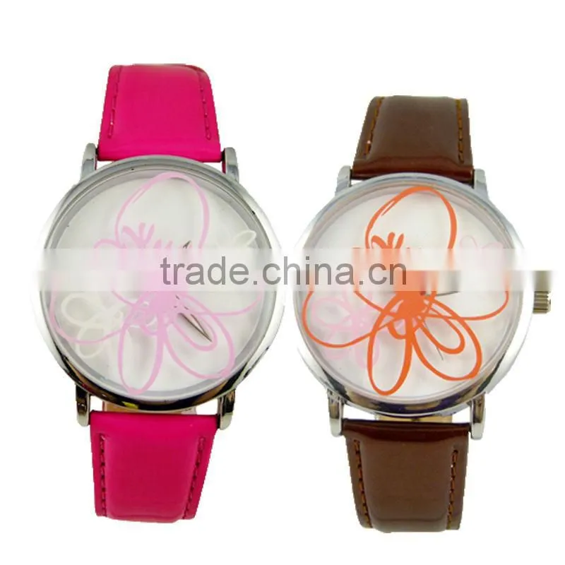 Europe Elegant Clear Flower Painting Women Leather Strap Watch