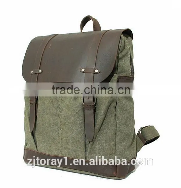 Waxed Canvas Leather College Backpack Book Bag