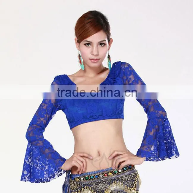Belly Dance Training long sleeve Yellow Rose Lace Dance Costume Tops