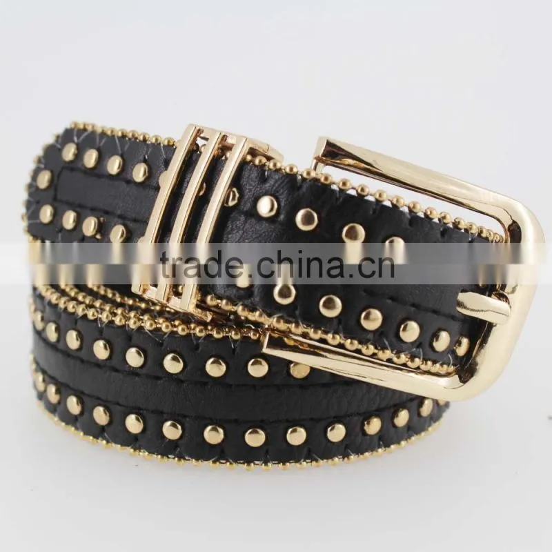 Women's Fashion Gold metal studded PU black leather jeans belt with double bean chian